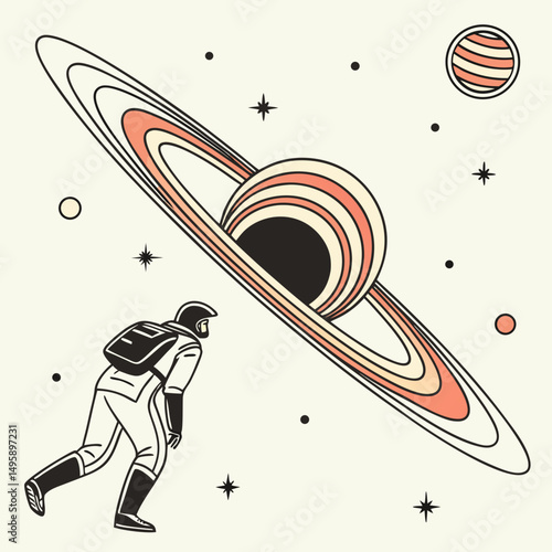 Astronaut exploring a ringed planet in space retro style illustration