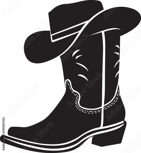 Cowboy Boot with Hat Silhouette Vector Illustration on Transparent Background