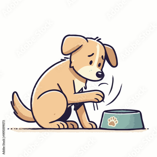 Sad puppy begging near empty food bowl