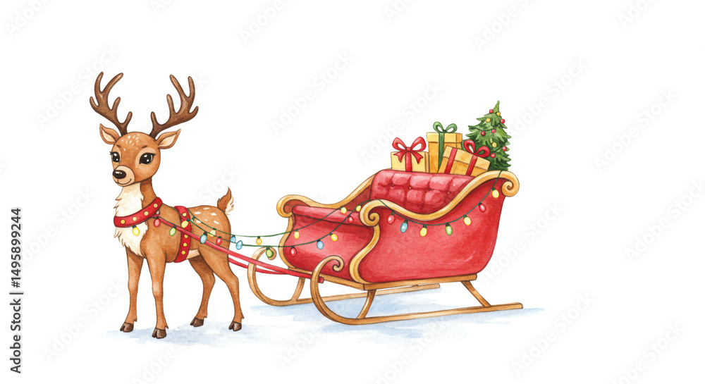 Fototapeta premium A watercolor illustration of a reindeer pulling a red christmas sleigh filled with presents and a tree