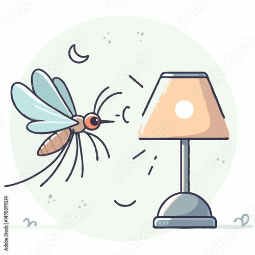 Mosquito flying to lamp at night 