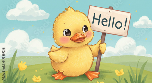 Cartoon duckling holding a hello sign in a field with yellow flowers and a cloudy sky backdrop