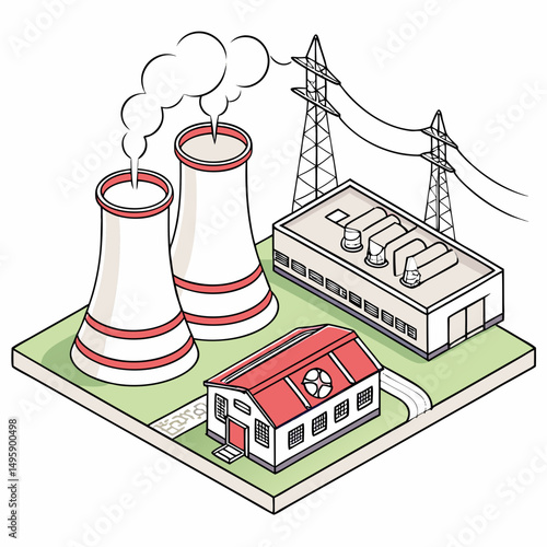 Isometric illustration of a power plant with cooling towers and transmission lines