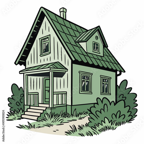 Charming green house with porch steps and lush greenery