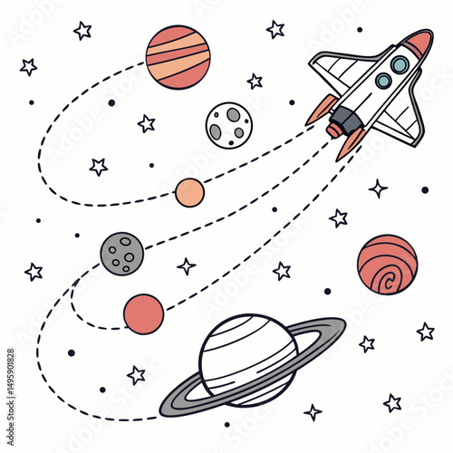 Rocket ship soaring through space planets stars