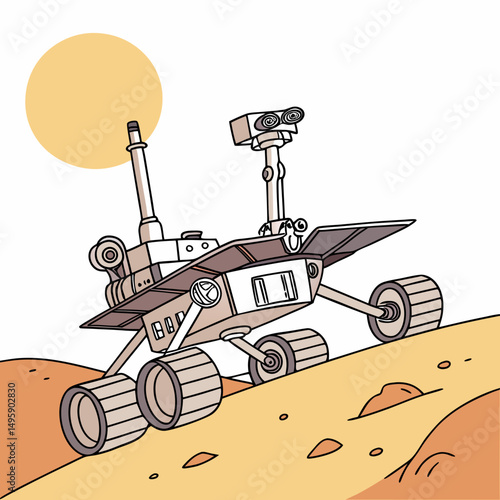 Mars rover exploring the red planet under a bright sun