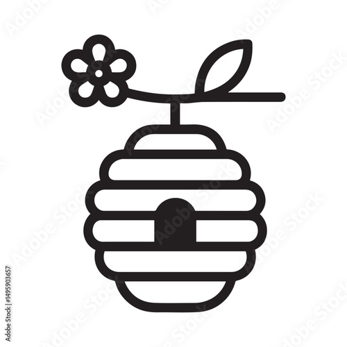 a black outline vector of a bee hive hanging from a flower branch on white background.