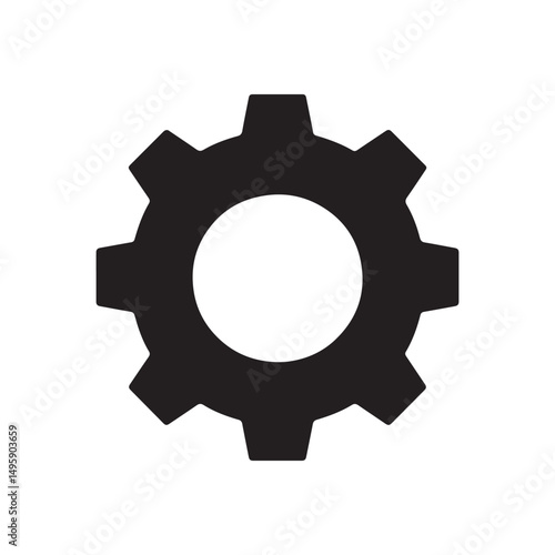 a black filled vector of a gear icon on white background.