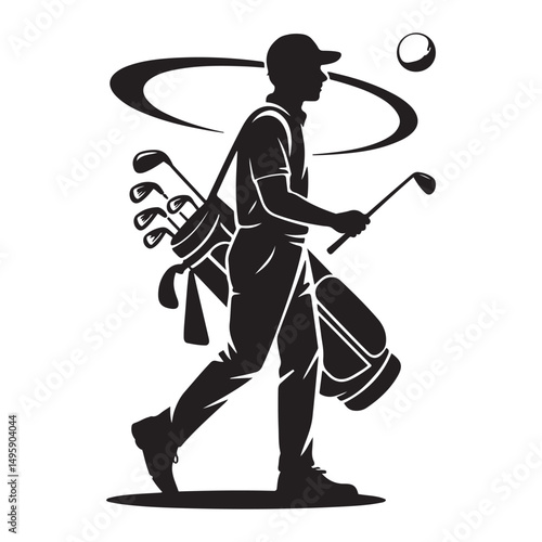 Golf Caddie Silhouette Carrying Golf Clubs Golfing Occupation Illustration Vector black silhouette. with white background