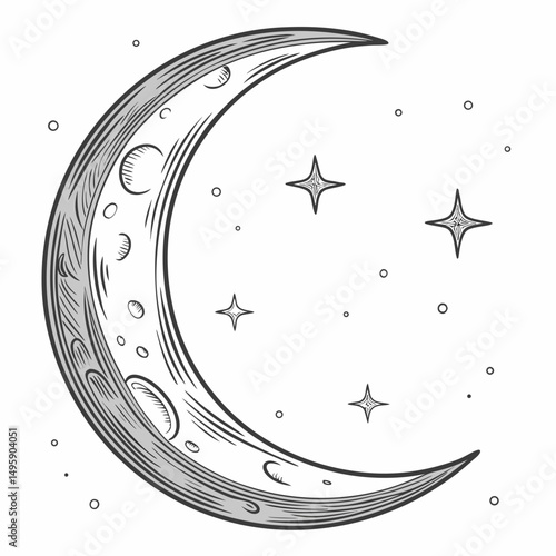 Crescent moon stars night sky celestial hand drawn illustration