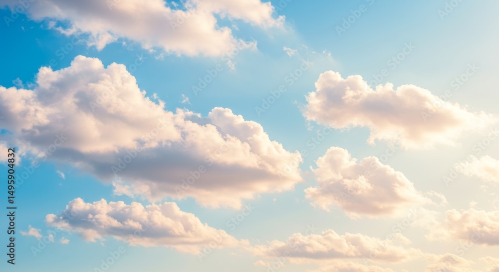 Serene blue sky with fluffy clouds at sunset for tranquil background design Serene blue sky with fluffy clouds at sunset for tranquil background design