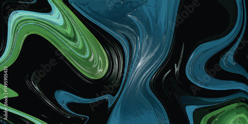 Abstract fluid art composition in shades of green and blue with swirling patterns on black background