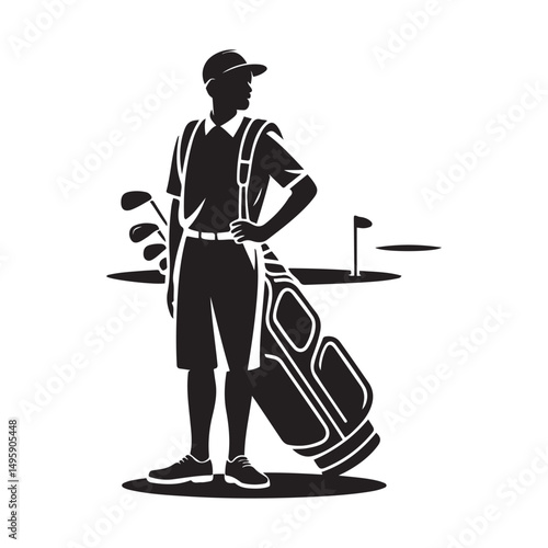Golf Caddie Silhouette Carrying Golf Clubs Golfing Occupation Illustration Vector black silhouette. with white background