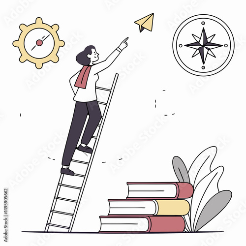 Woman climbing ladder reaching for paper airplane goal success