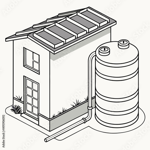 House with rainwater harvesting system collecting water in tank