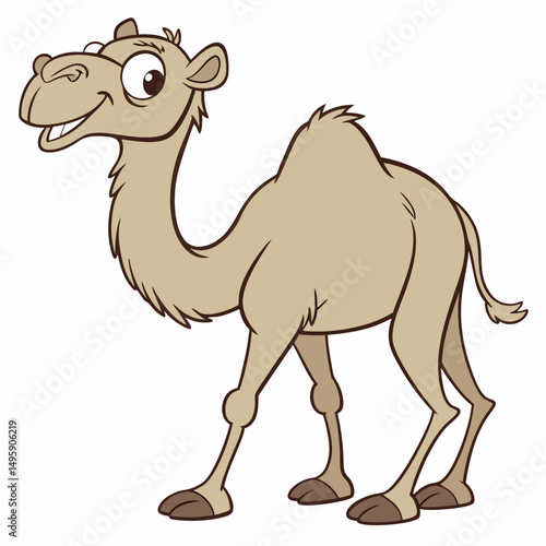 Happy cute camel cartoon. Vector illustration, side view, isolated on white background.