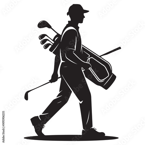 Golf Caddie Silhouette Carrying Golf Clubs Golfing Occupation Illustration Vector black silhouette. with white background