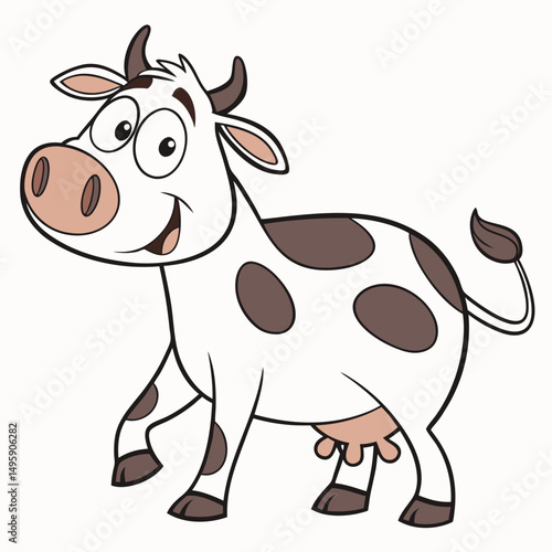 Happy cartoon spotted cow . Vector illustration isolated on white background. Side view. 