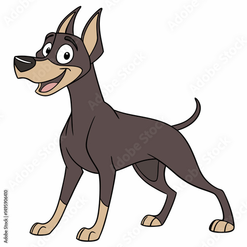 Happy cartoon brown dog doberman standing. Vector illustration isolated on white background. Side view. 
