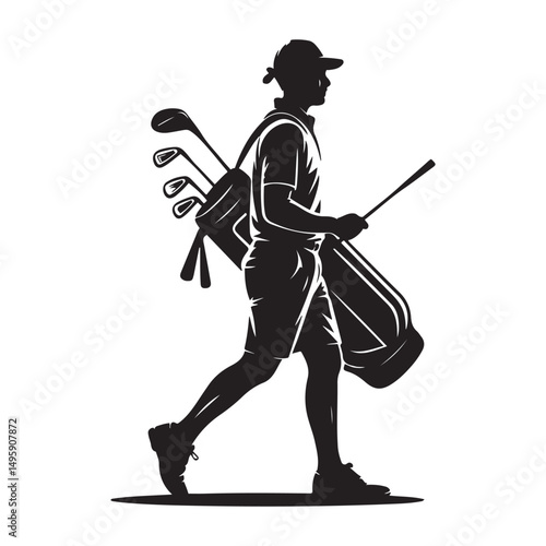 Golf Caddie Silhouette Carrying Golf Clubs Golfing Occupation Illustration Vector black silhouette. with white background