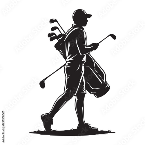 Golf Caddie Silhouette Carrying Golf Clubs Golfing Occupation Illustration Vector black silhouette. with white background
