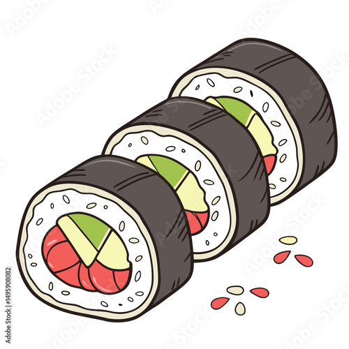 Delicious sushi rolls salmon avocado japanese food illustration