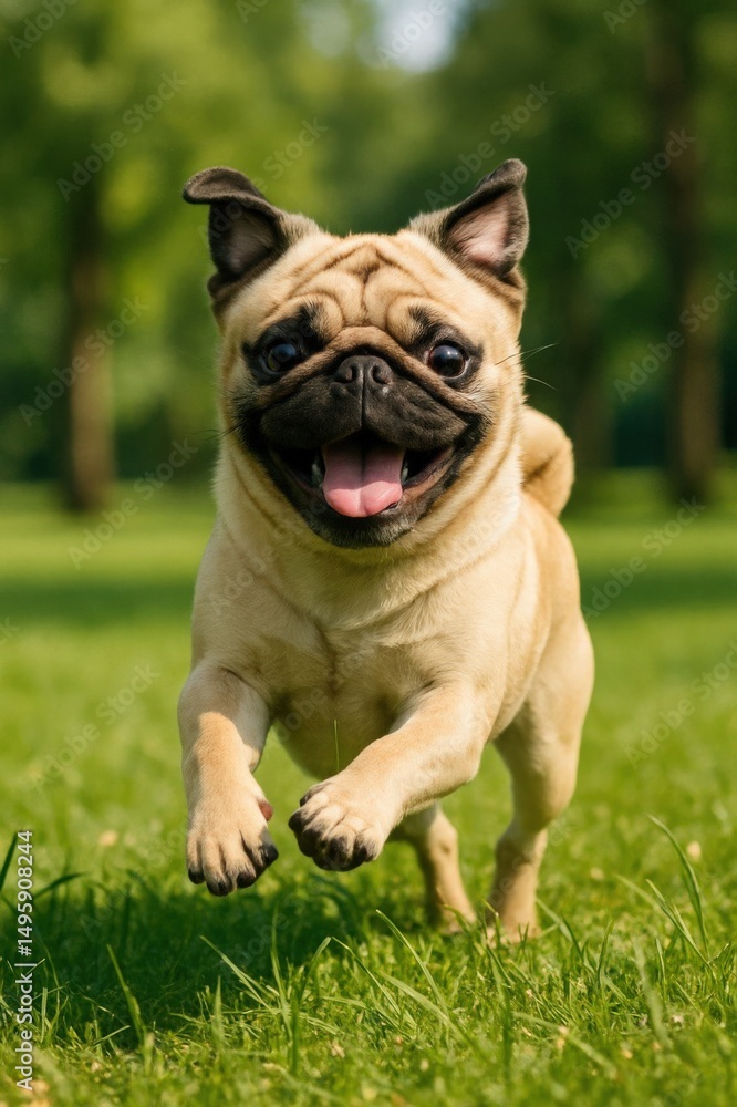 Happy pug runs joyfully in a green park on a sunny day, showcasing its playful spirit and adorable features Happy pug runs joyfully in a green park on a sunny day, showcasing its playful spirit and adorable features
