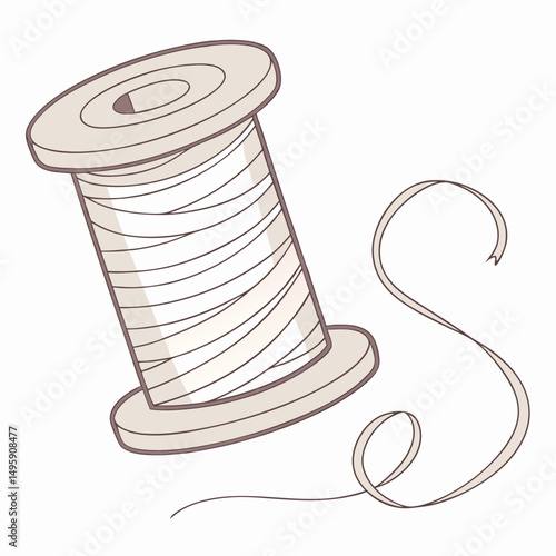 A spool of beige thread with a ribbon trailing off