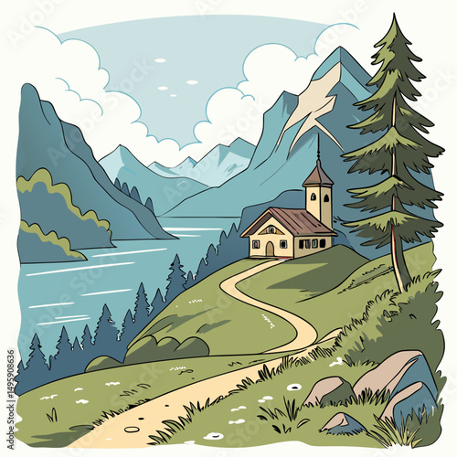 Scenic lakeside chapel mountain view hiking trail summer