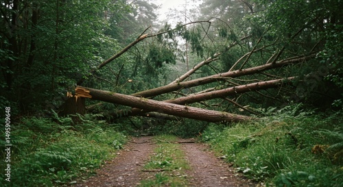 Fallen Tree Blocking Forest Path After Storm in Green Woods