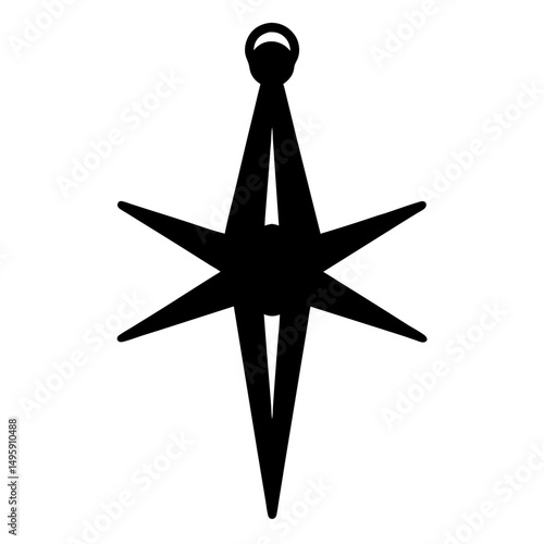 Silhouette of a decorative star shaped ornament with a round hanging loop