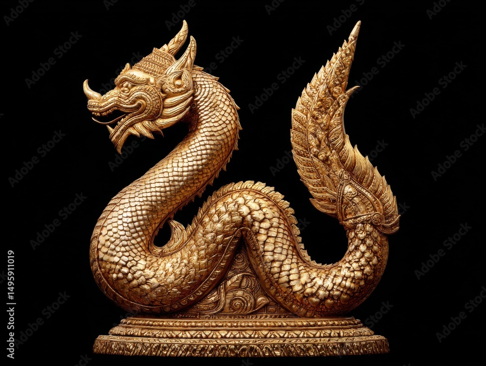 Obraz premium golden statue of snake creature naga isolated on black