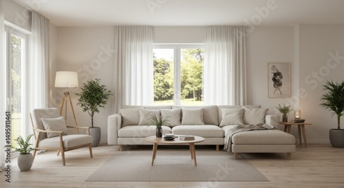 Modern minimalist living room design with neutral colors and green accents for home decor inspiration
