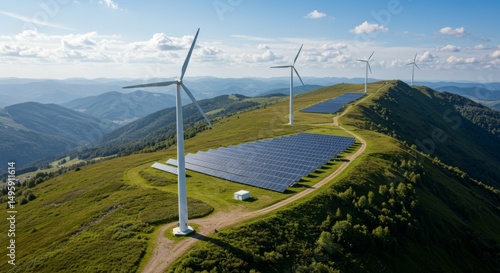 Renewable energy landscape with wind turbines and solar panels in scenic mountainous area