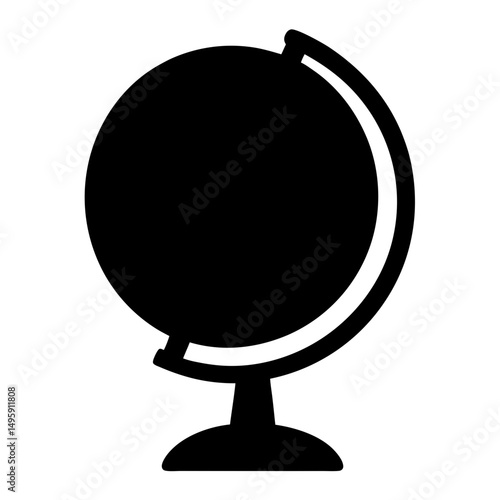 A black and white silhouette illustration of a globe on a stand