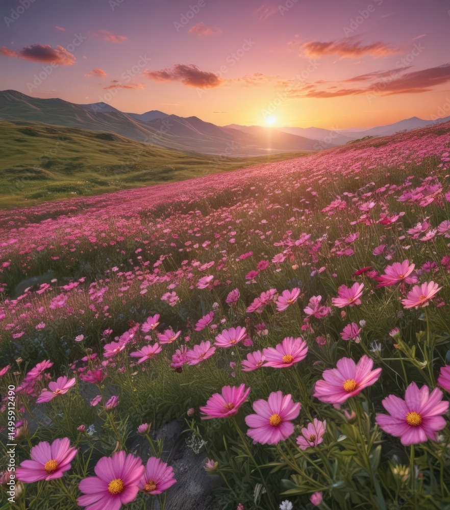 Obraz premium Rolling hills of pink cosmos flowers at sunset, image, flower field