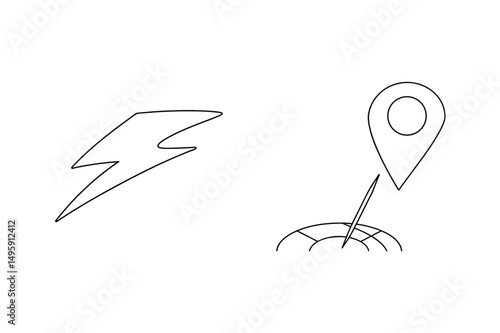 Minimalist black line drawings of lightning bolt and location pin on white background