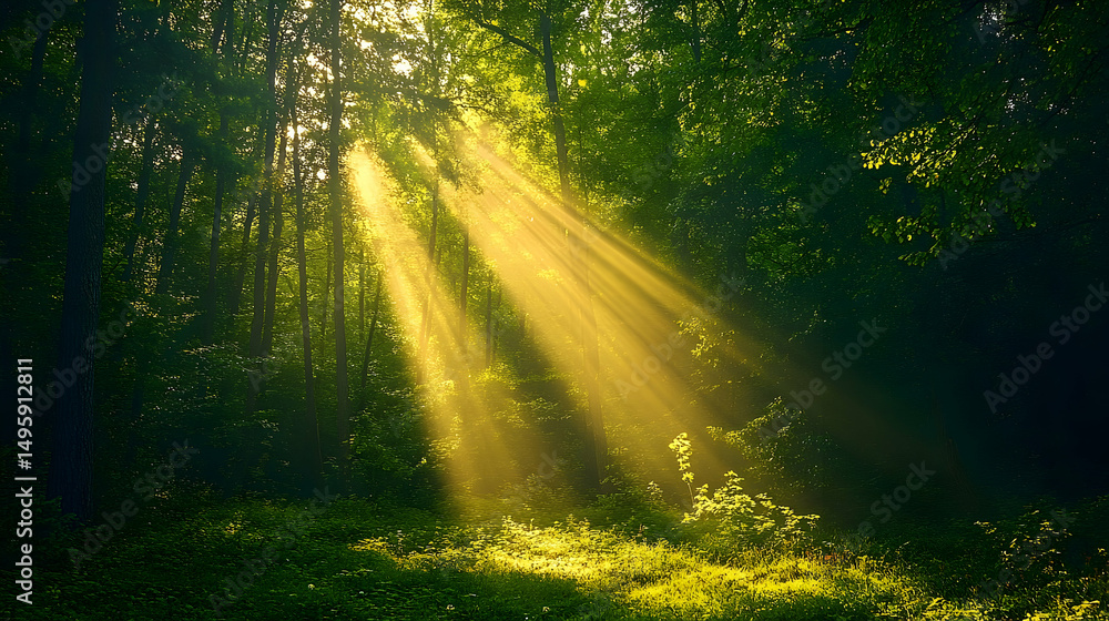 Obraz premium Sunlight streams through a dense forest.