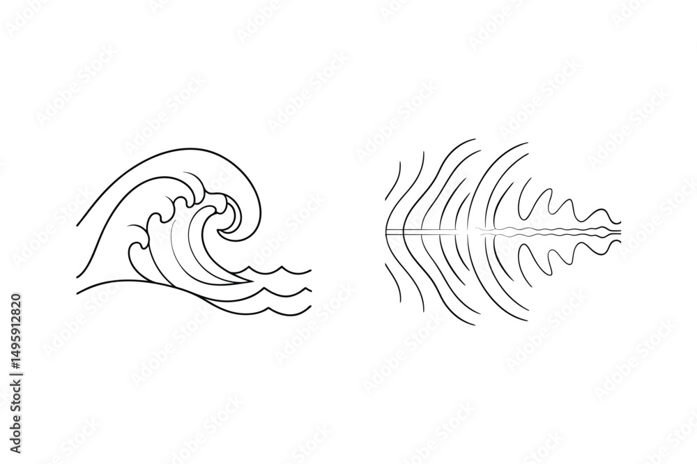 Minimalist line art depicting ocean wave and water surface reflection in simple black and white Minimalist line art depicting ocean wave and water surface reflection in simple black and white