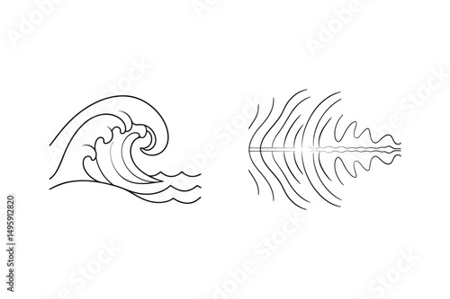 Minimalist line art depicting ocean wave and water surface reflection in simple black and white