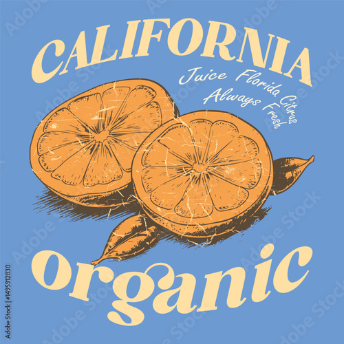 Orange graphic print design, summer fruit design , vintage grunge food fashion orange art, typography slogan text print design, California Malibu, fruit print graphics for t-shirt Design