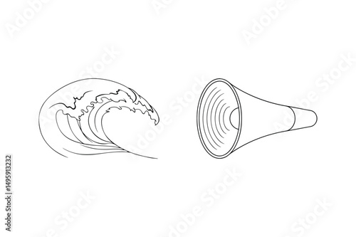 Conceptual illustration of a loudspeaker and a wave against a white background