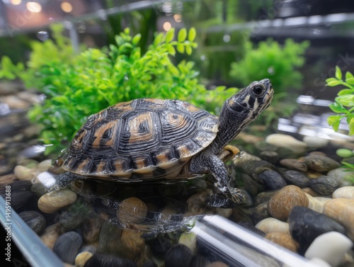 turtle in a aquarium tank glass