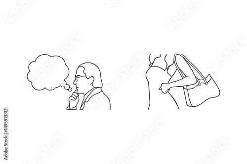 Contemplation and shopping illustration depicting a thoughtful gentleman and a carrying a bag person