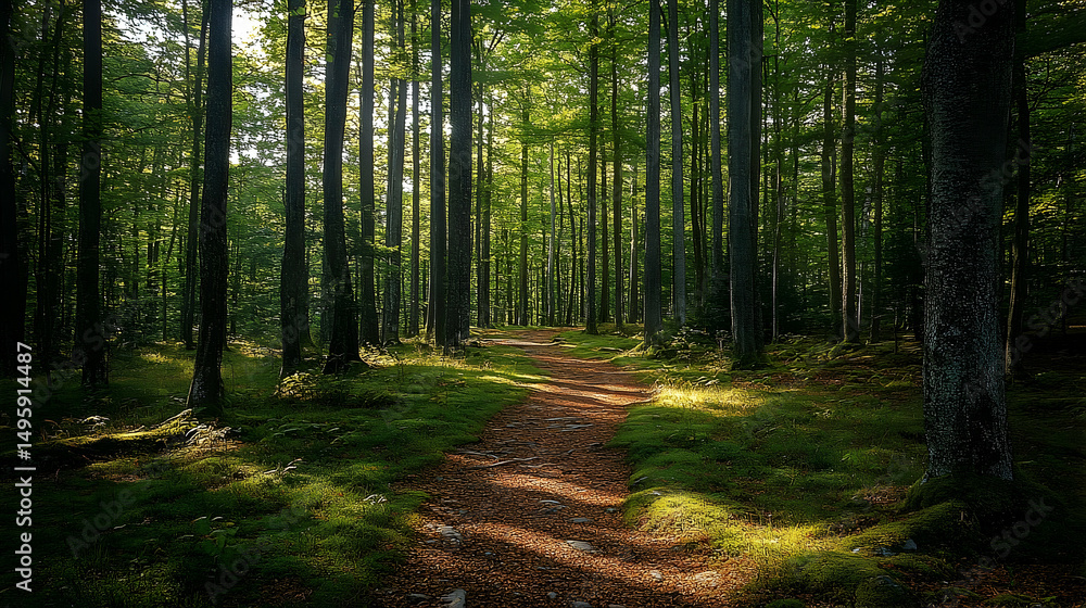 Fototapeta premium Sunlit woodland path through tall trees.