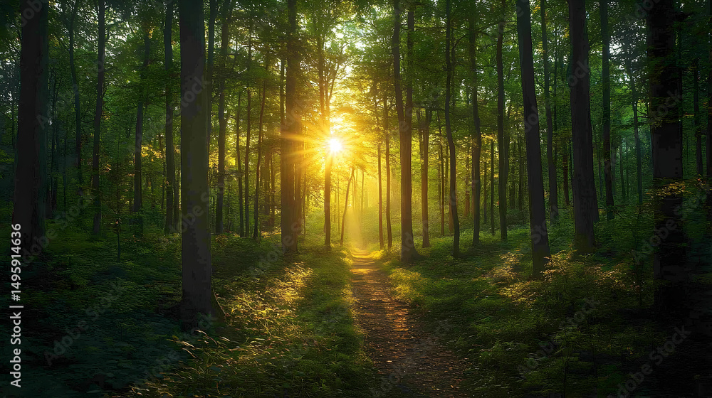 Obraz premium Sunlight streams through a dense forest.