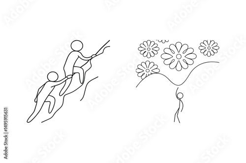 Illustration of teamwork overcoming obstacles and reaching success represented by flowers.