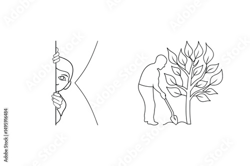 Black and white illustration of a person planting a tree with a child peeking
