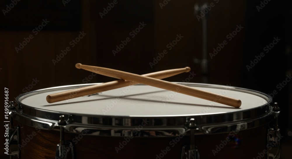Obraz premium Drumsticks crossed on snare drum in dimly lit studio