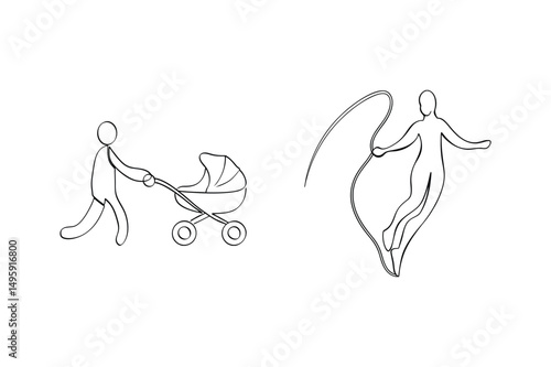 Black and white illustration depicts a parent pushing a stroller and a person with a jump rope.
